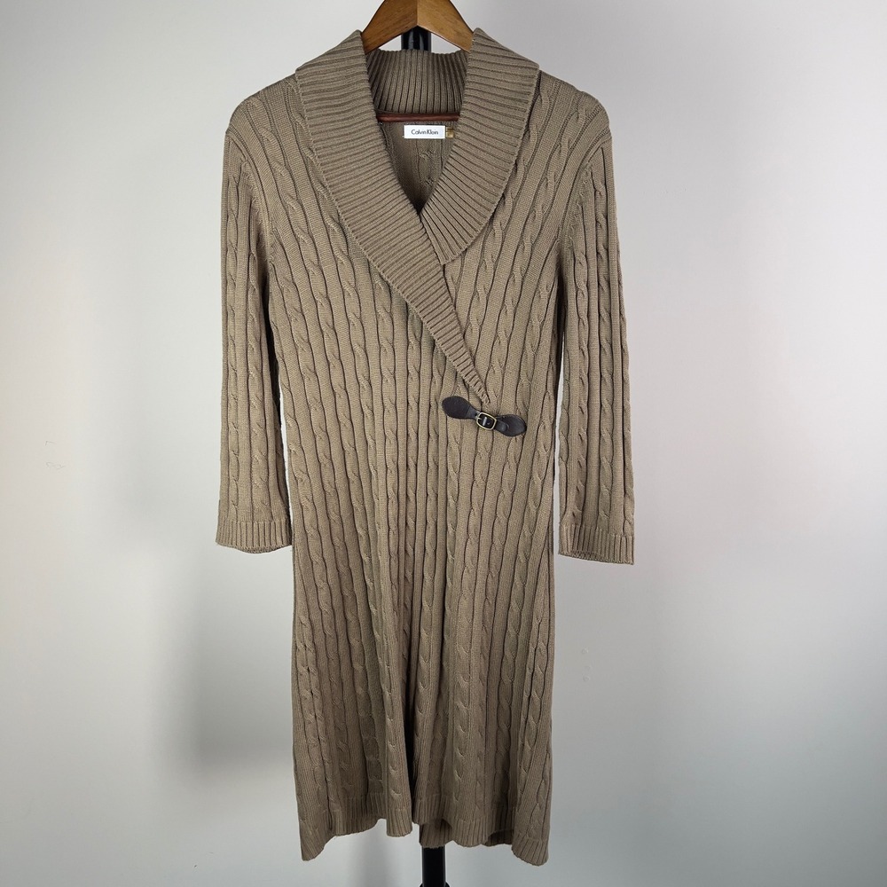 Calvin Klein Women XL Taupe Cable Knit Shawl Collar Buckle Sweater Dress Midi